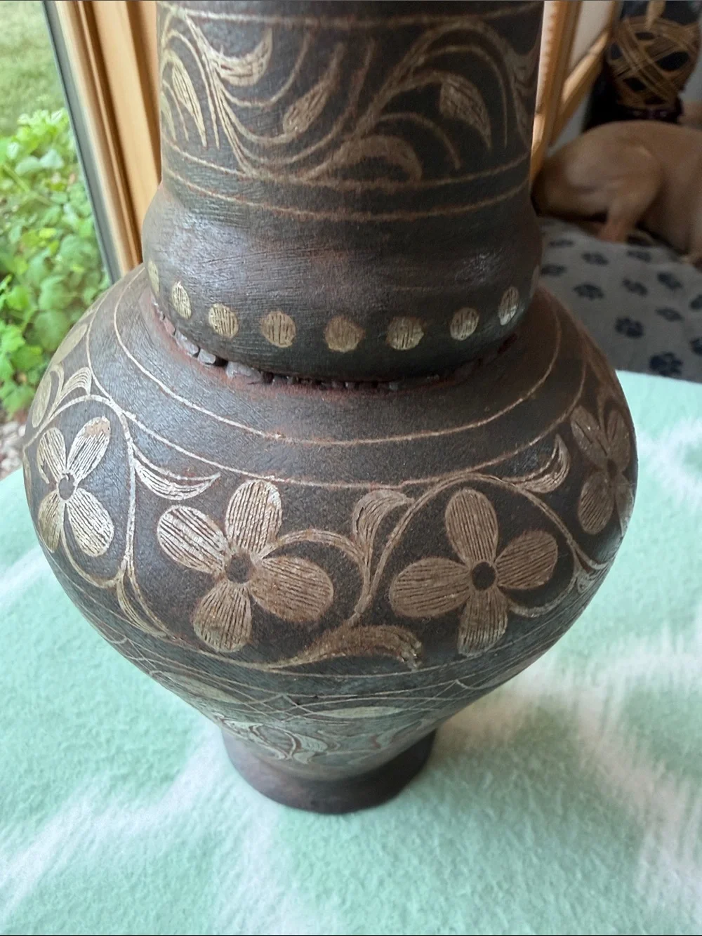 Vintage Black Brown Oxidized Metal Vase Floral and Stripe Etched  - Home Accent